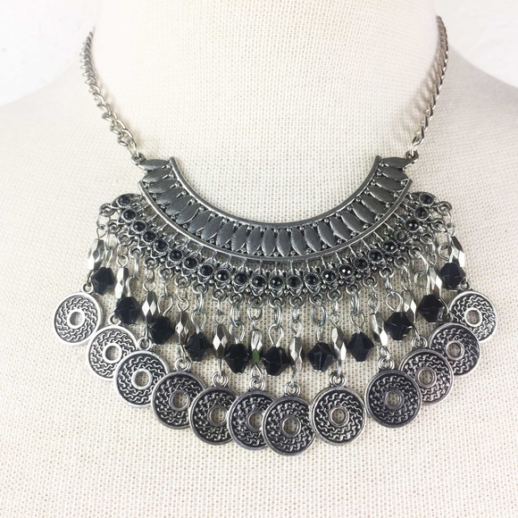 Jewelry - Gypsy Boho Fringe Necklace Black Beads & Coins
